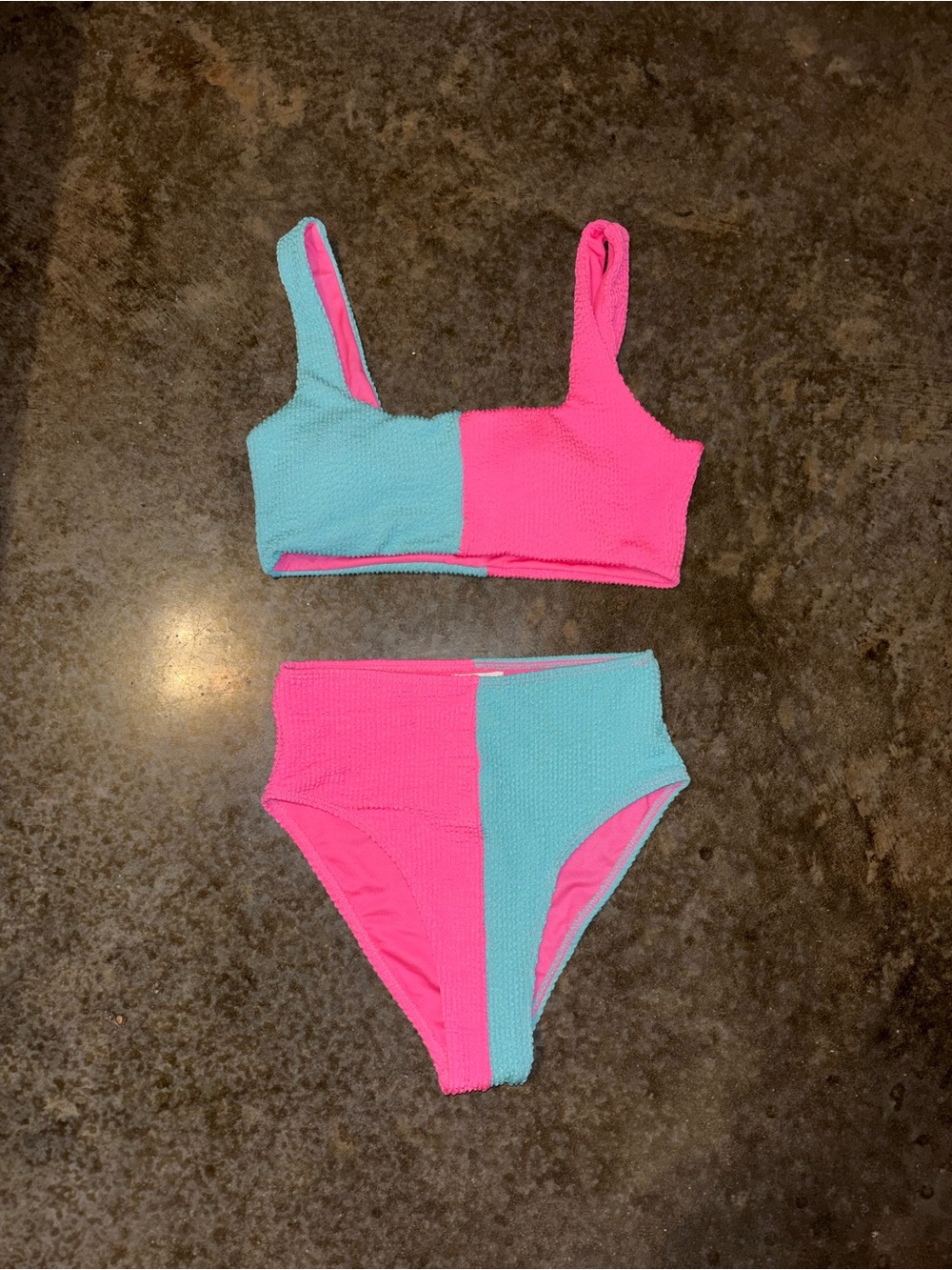 Pink Lily Two-Tone Pink & Aqua Textured High-Waist Bikini